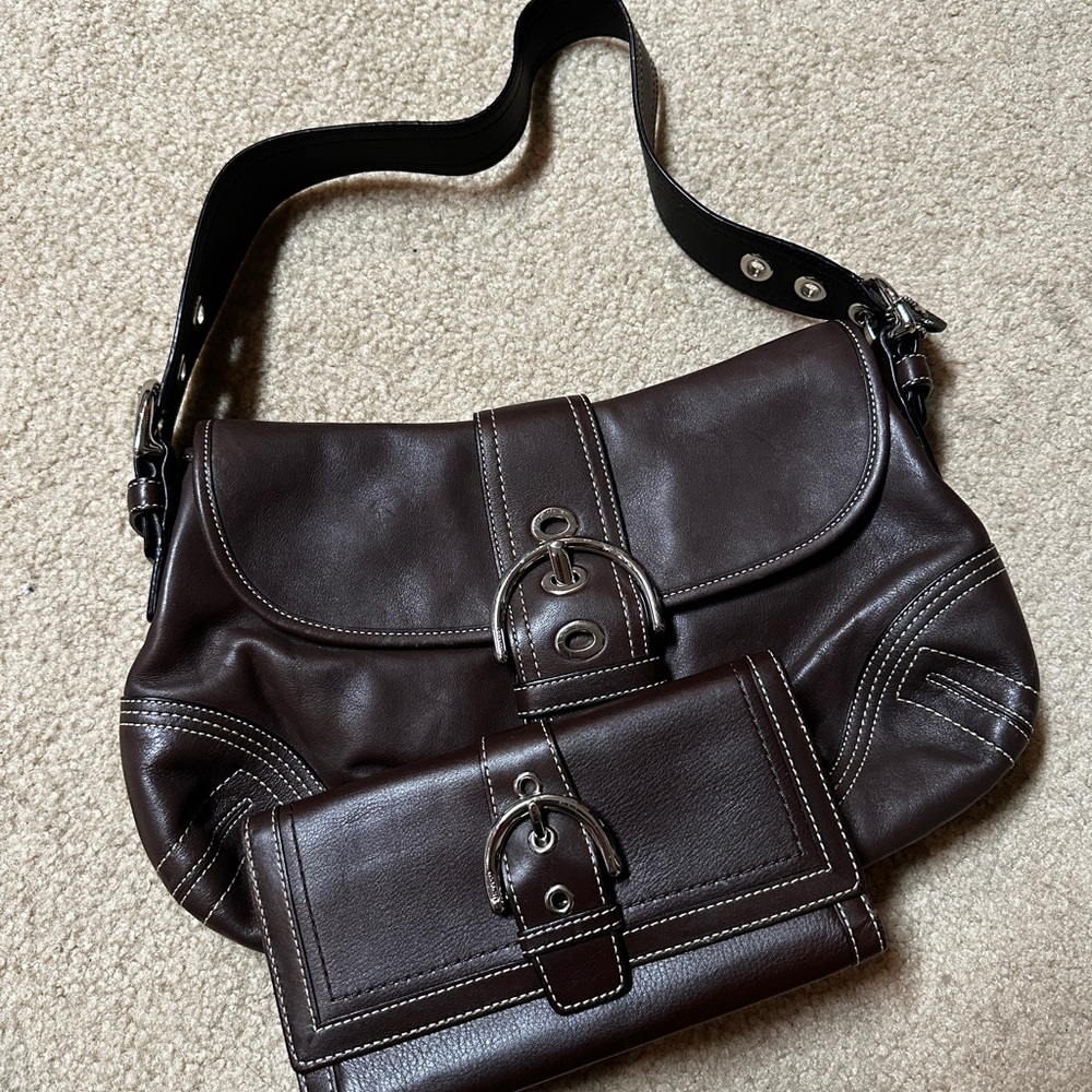 Coach Brown Leather Shoulder Bag and Wallet Set
